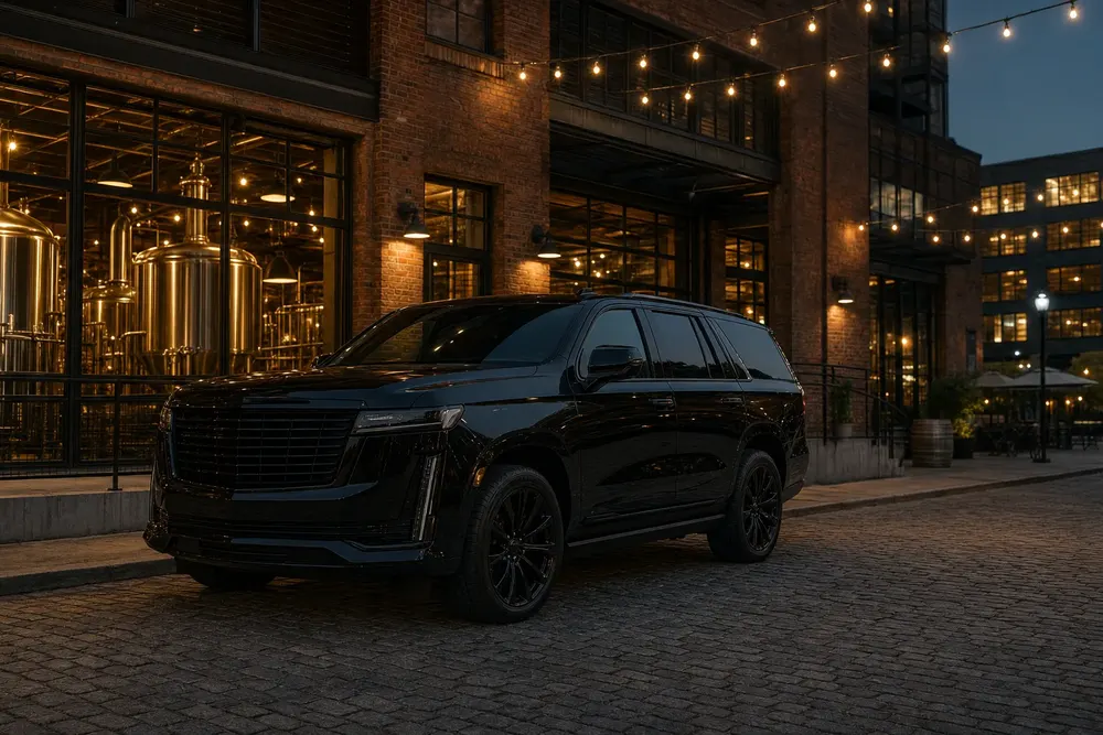 Black Cadillac Escalade parked outside an urban DC craft brewery with fermentation tanks visible