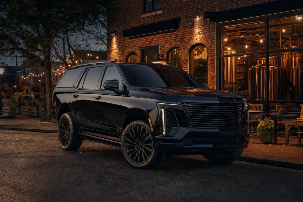 Black Cadillac Escalade outside a historic Maryland brewery taproom with patio string lights