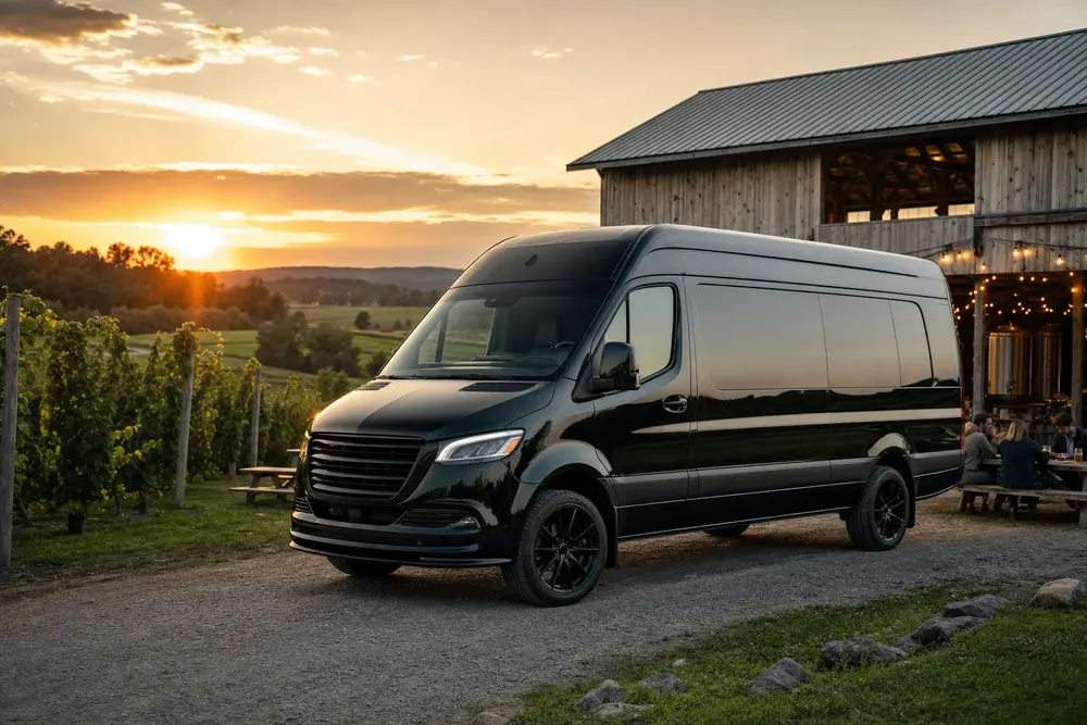 Black Mercedes-Benz Sprinter at a Loudoun County Virginia farm brewery at sunset