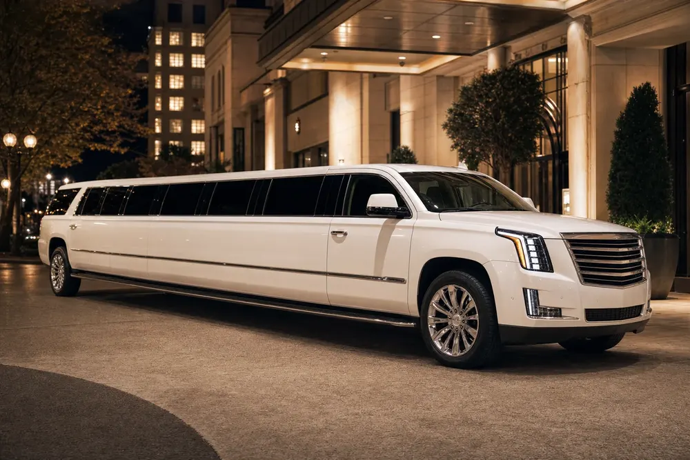 White Cadillac Escalade stretch limousine exterior outside a DC hotel