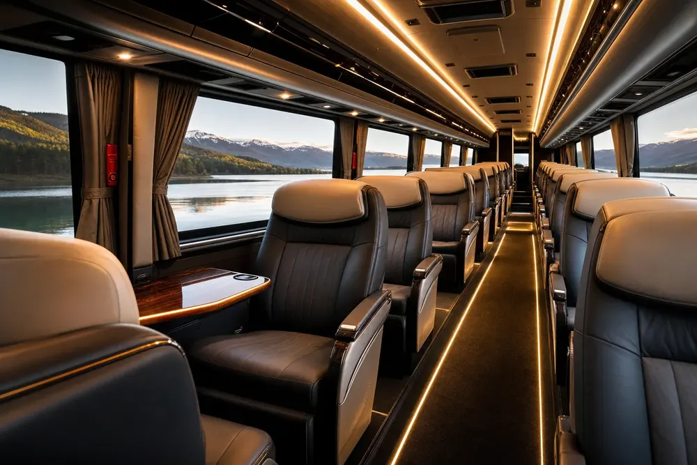 Reclining leather seating inside a Skyhawk Limousine luxury motor coach for large fan groups