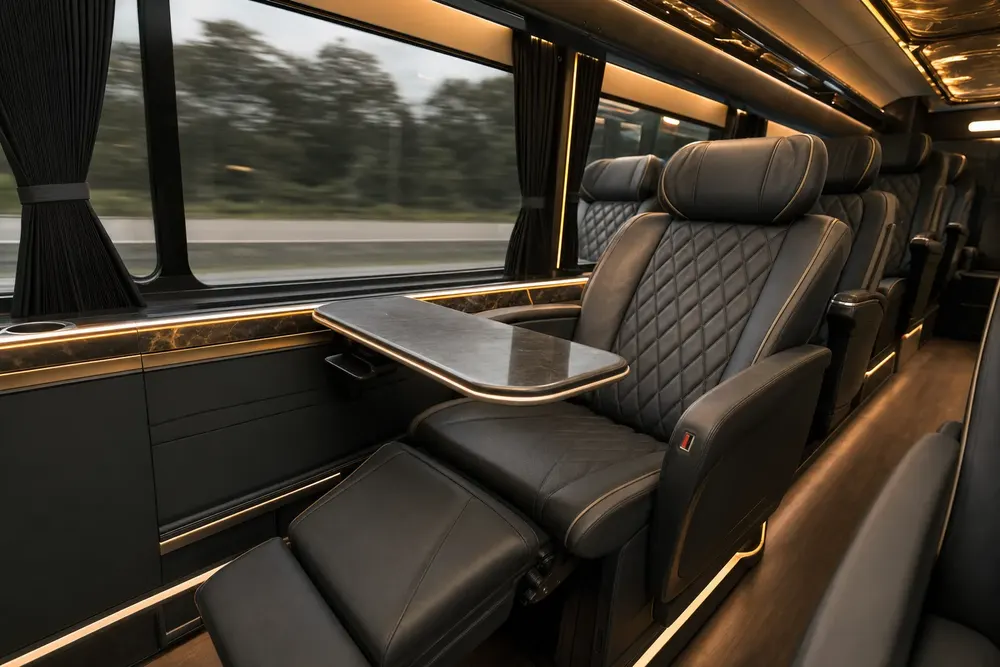 Fold-out tables and ambient lighting detail inside the motor coach