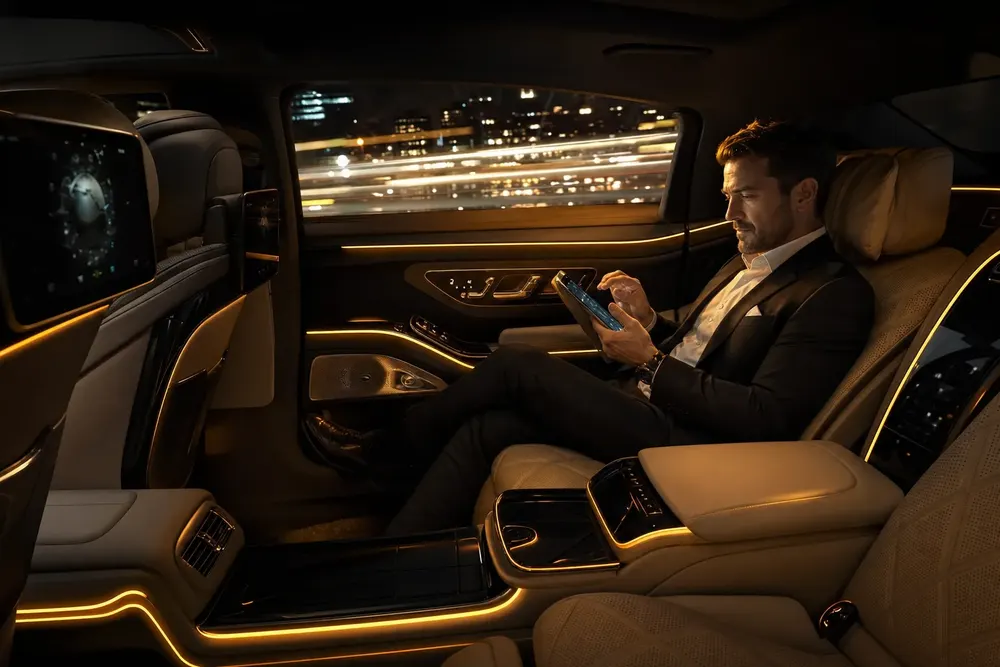 Executive working on a tablet in the quiet cabin of a black Mercedes-Benz S-Class during a city-to-city transfer