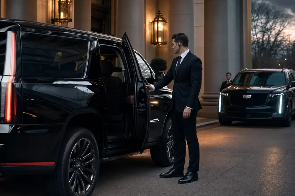 Skyhawk Limousine chauffeur opening the door of a black Cadillac Escalade outside a Washington DC embassy