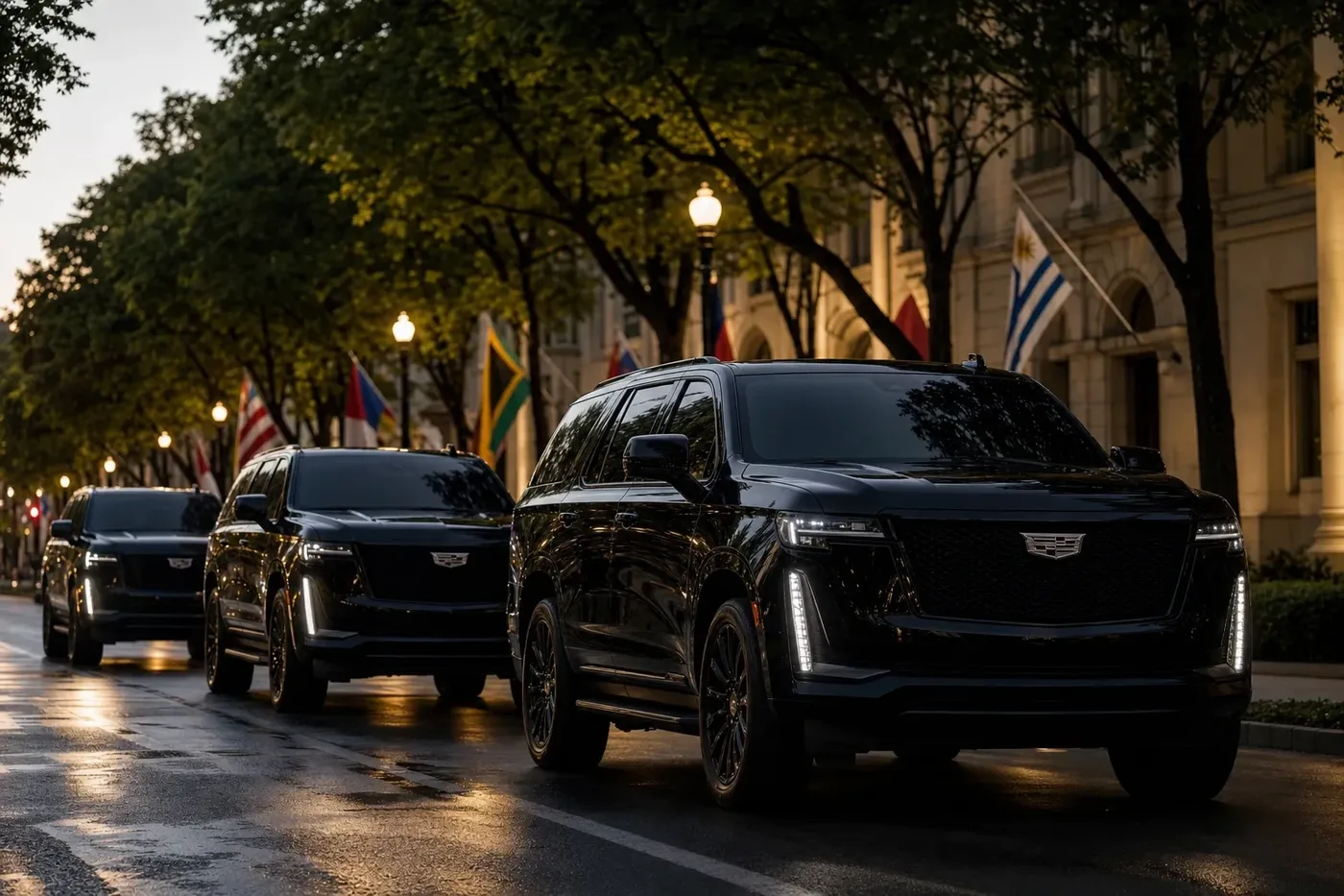 Black Cadillac Escalade motorcade with international flags on a Washington avenue