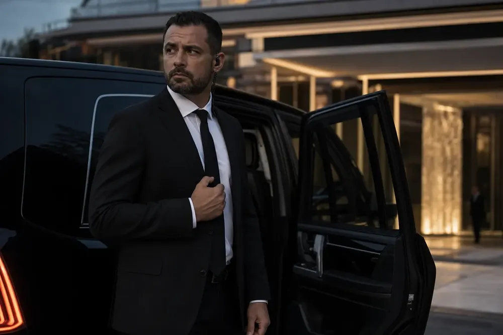 Security-conscious Skyhawk Limousine chauffeur with earpiece holding open the door of a black SUV