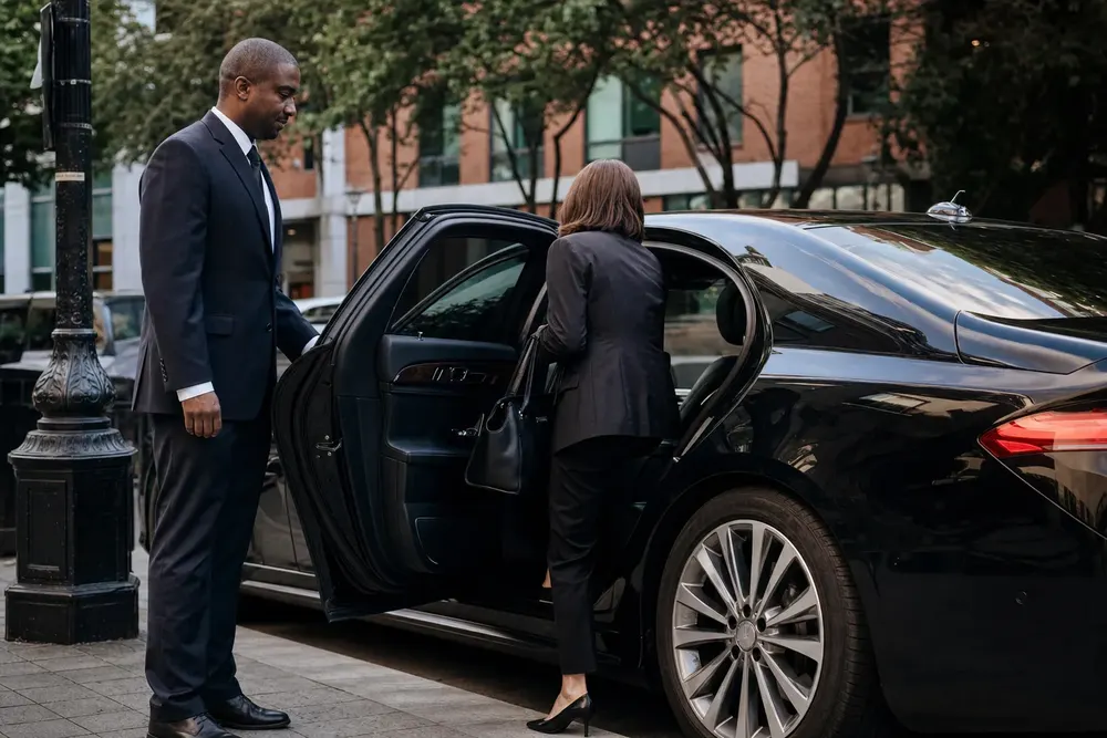 Chauffeur in white gloves opening the rear door of a black luxury sedan