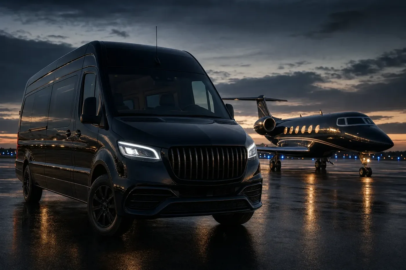 Chauffeur and black vehicle at a private aviation FBO near LAX