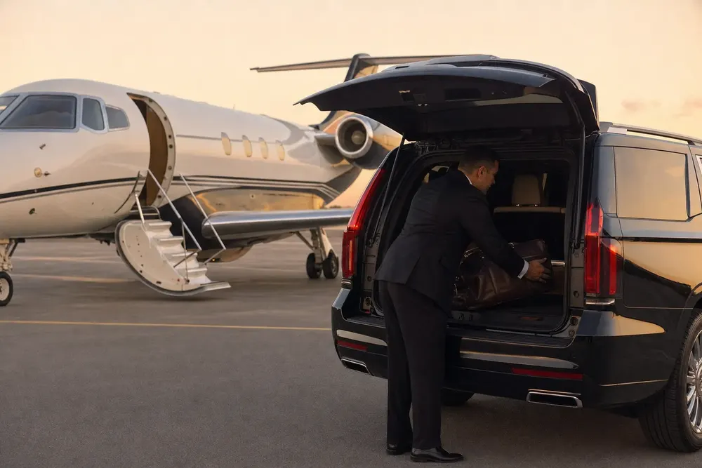 Chauffeur loading luggage for a corporate event shuttle transfer