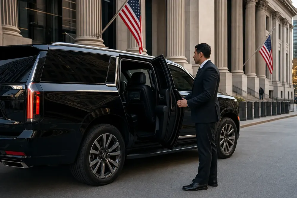 Skyhawk Limousine chauffeur opening a black Cadillac Escalade outside a Washington federal building