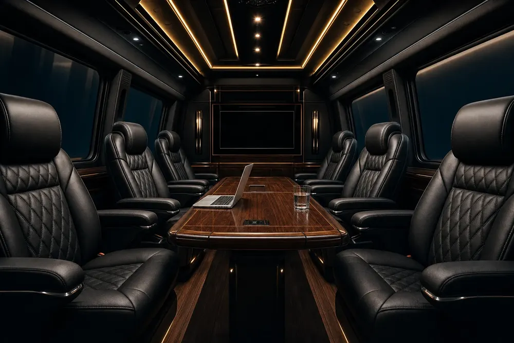Executive Mercedes-Benz Sprinter cabin configured as a mobile conference shuttle