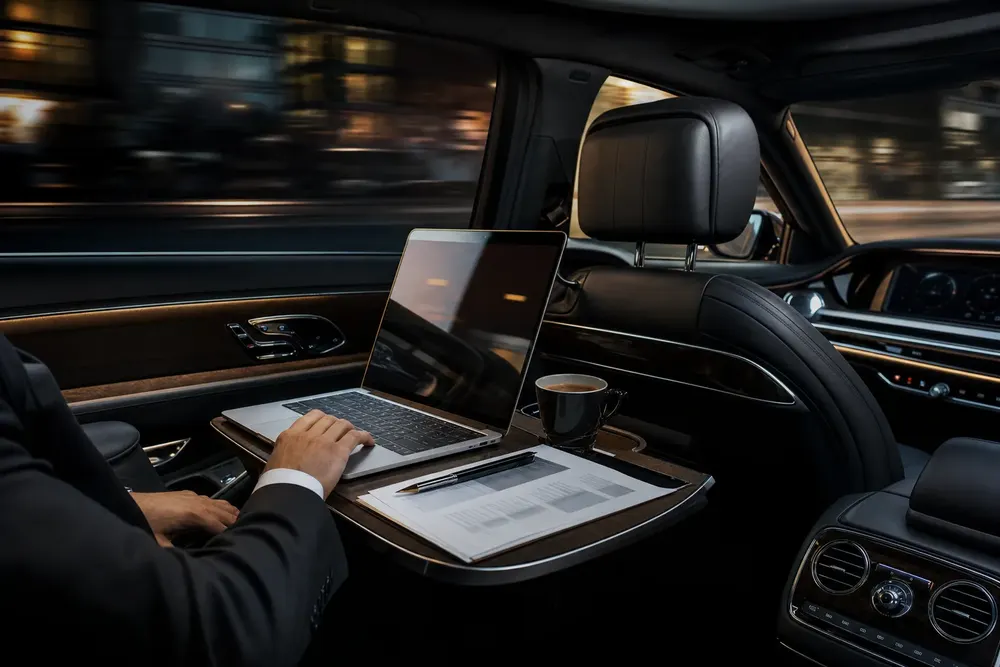 Executive working from the back seat of a chauffeured Skyhawk Limousine vehicle in motion