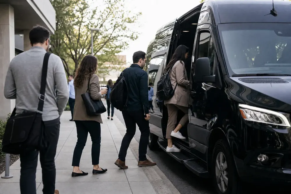 Professionals working aboard a black Mercedes-Benz Sprinter on a DMV commuter shuttle