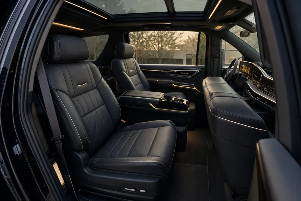 Black leather captain-chair cabin of the Skyhawk Limousine Luxury SUV Cadillac Escalade