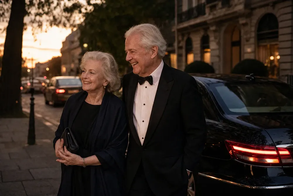 Couple toasting champagne in a Skyhawk Limousine luxury sedan with the Washington Monument and U.S. Capitol glowing through the window