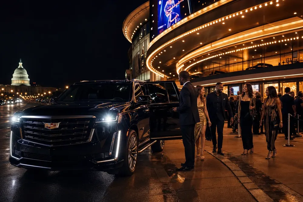 Skyhawk Limousine luxury vehicle outside a Washington DC concert venue at night