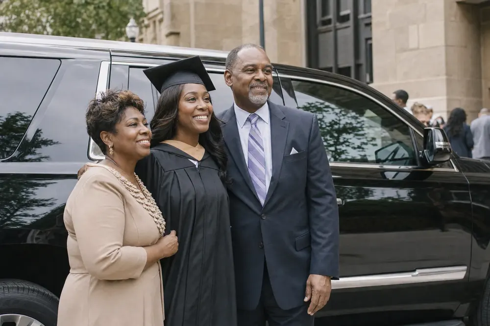Graduate in cap and gown beside a black Cadillac Escalade with family at a DC campus