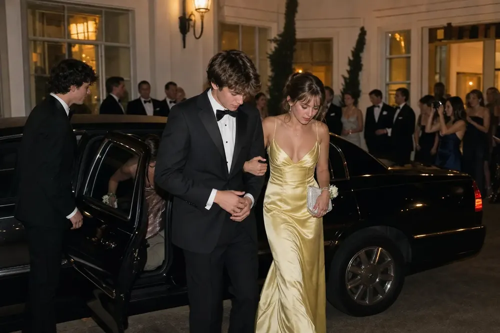 Formally dressed prom couple stepping onto a red carpet beside a black stretch limousine with a white-gloved Skyhawk Limousine chauffeur