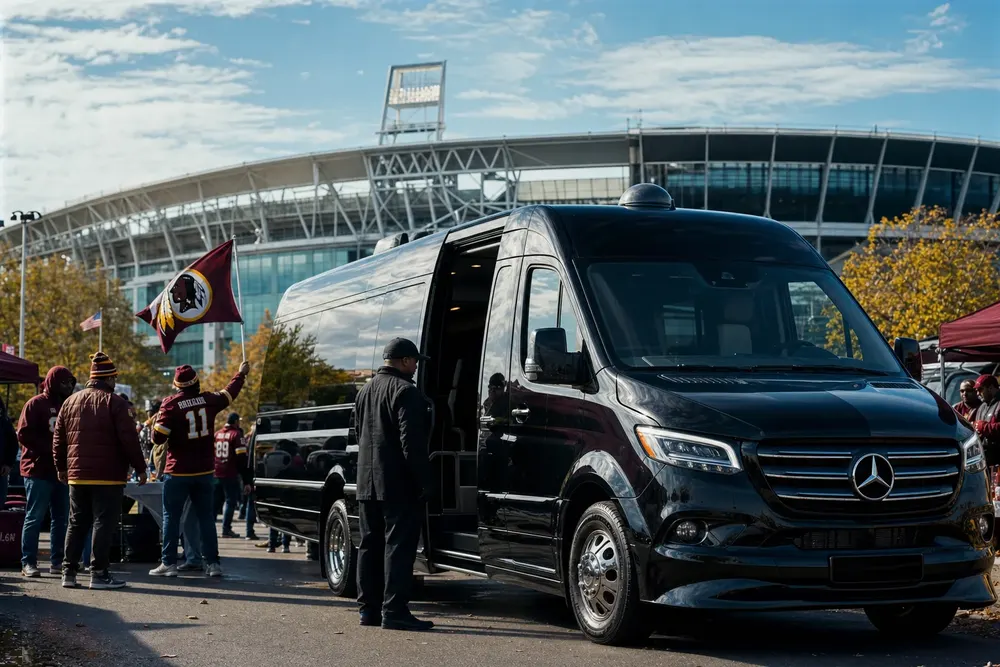 Black Mercedes-Benz Sprinter dropping a fan group at a Washington DC stadium on game day
