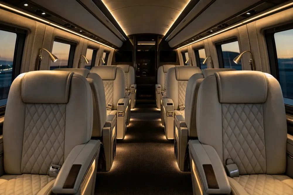 Reclining seats and aisle inside the luxury mini coach cabin