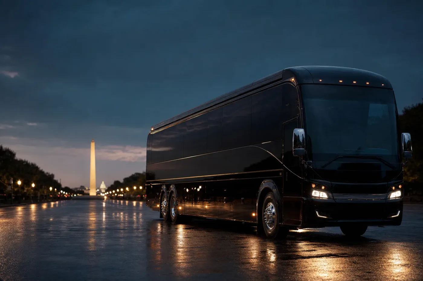 Black-on-black luxury motor coach exterior in Washington DC