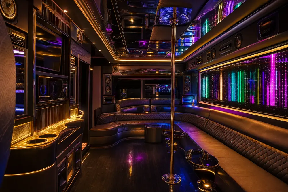 LED-lit party bus lounge interior with wraparound leather seating
