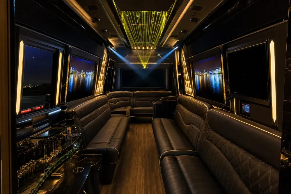 Party bus interior with plush leather seating and city skyline views at night