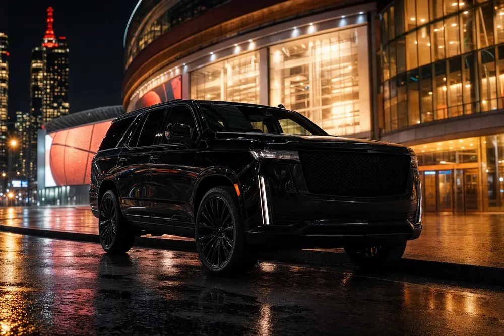 Black Cadillac Escalade waiting outside a glowing downtown DC arena at night