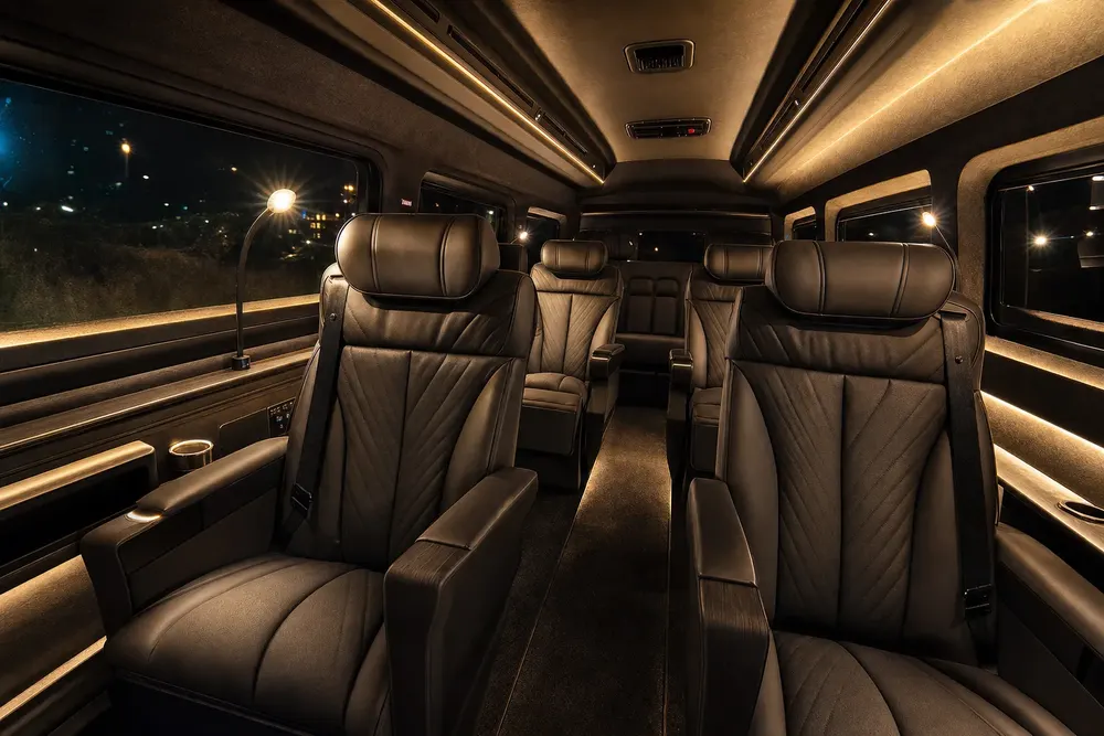 Facing executive leather seating in the Sprinter cabin