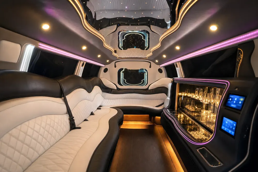 White quilted leather interior of a stretch limousine with star-lit ceiling and champagne bar