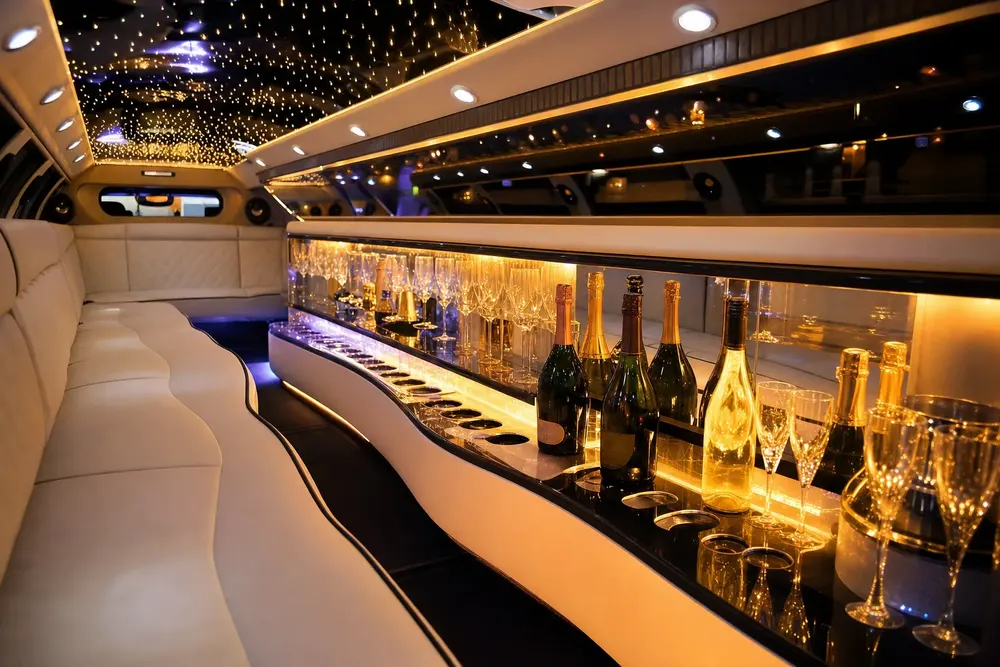 Illuminated mirrored bar with glassware inside the Escalade Stretch limousine