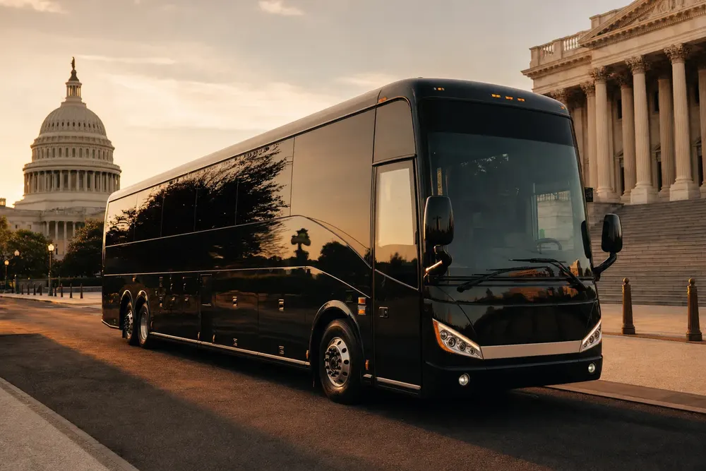 Black motor coach beside the US Capitol for a custom Washington, DC day trip