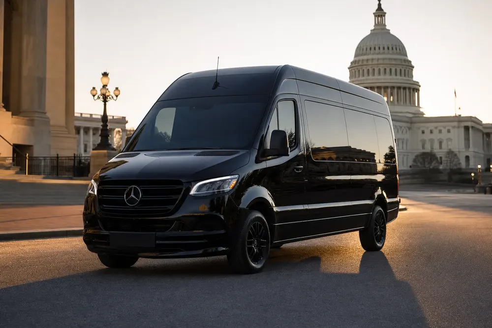 Black Mercedes-Benz Sprinter near the US Capitol for a group sightseeing tour
