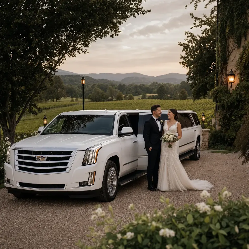 White stretch limousine at a Virginia vineyard wedding