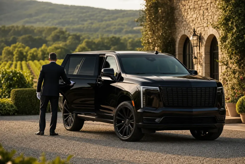 Skyhawk Limousine chauffeur opening the door of a black Cadillac Escalade at a Virginia vineyard estate