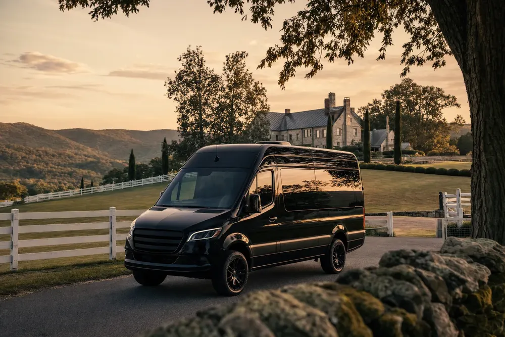 Black Mercedes-Benz Sprinter at a Middleburg horse-country estate winery