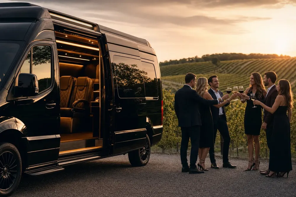 Group toasting beside an open black Sprinter party bus at a Virginia vineyard