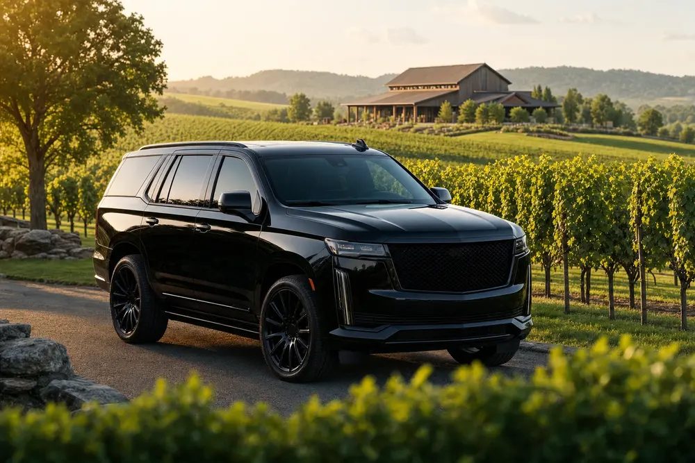 Black Cadillac Escalade beside the vines at a Loudoun County winery