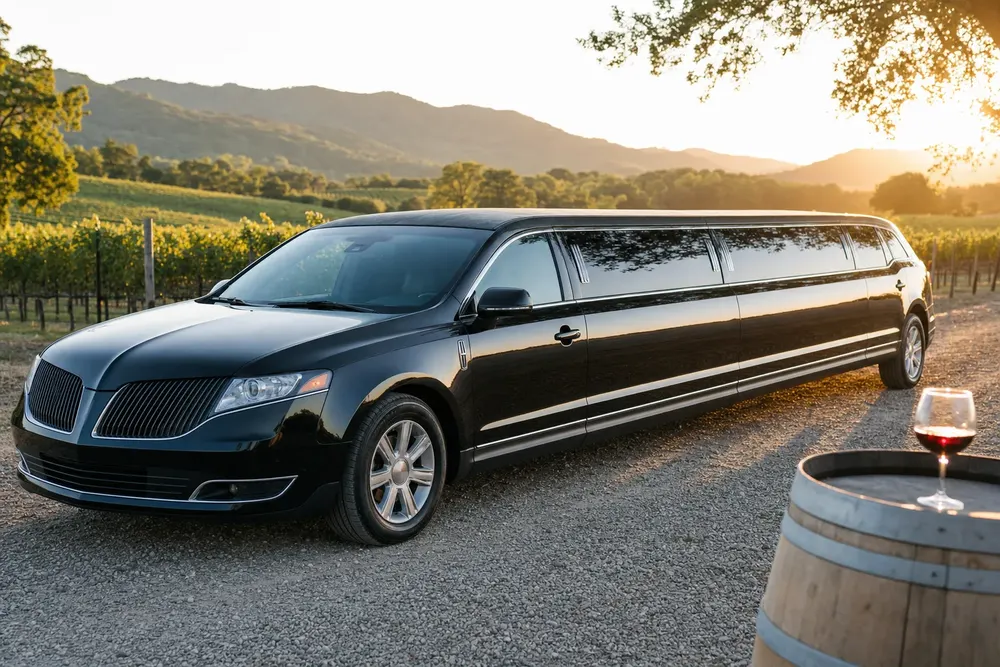 Luxury SUV on a Virginia wine country road with a wine glass on a barrel